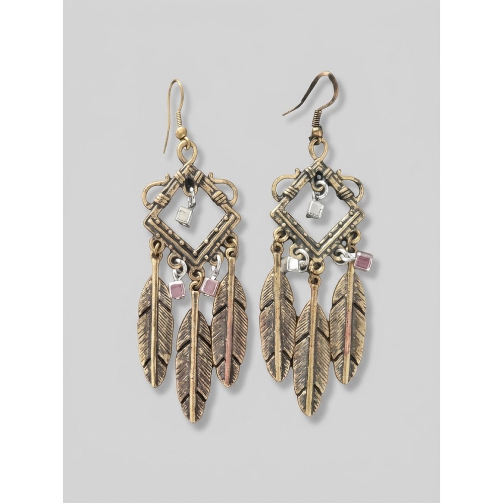 Boho Antique Gold Tone Feather Chandelier Earrings Hippie Style Bead Dangles - Picture 4 of 5